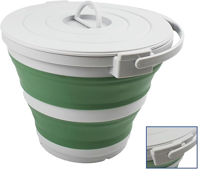 SAMMART Set of 2-10L (2.64Gallon) Collapsible Fishing Bucket Locking Lid, 31cm Dia. (2, Grey/Dark Sea Green)