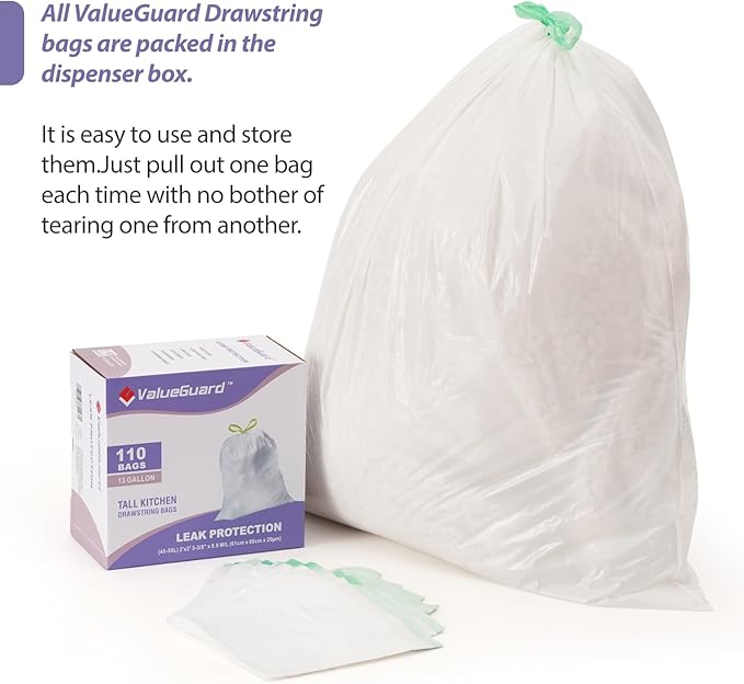 Trash Bags Garbage Bag 13 Gallon Drawstring Tall Waste Bag for Kitchen Office Party 0.8 Mil (110 Count)