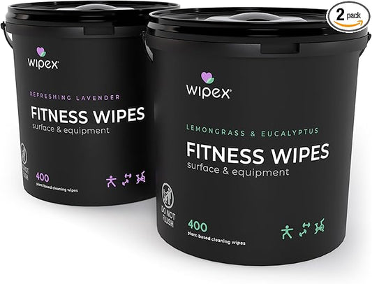 Wipex Fitness Wipes for Equipment Bundle - Get 2 Buckets (1) Lemongrass & (1) Lavender Plant-Based Gym Equipment Wipes, Clean Surfaces & Mats, Safe Gym Cleaner & Peloton Bike, 400 Count (Pack of 2)