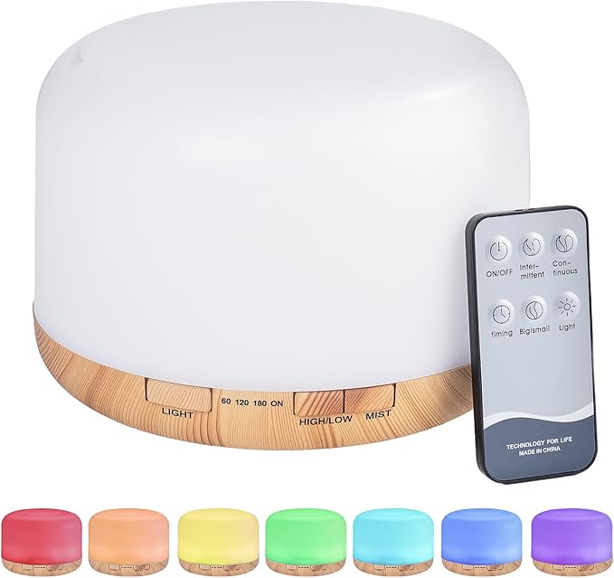500ML Essential Oil Diffuser, Home Aroma Diffuser, Humidifier for Bedroom Large Room, Quiet 5-in-1 Humidifier: 7 Color LED, 2 Mist Mode, Remote Control, Timer, Waterless Auto Off-Wood Bottom