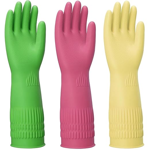 Rubber Gloves for Cleaning – 3 Pairs Reusable Gloves for Dishwashing, Kitchen and Household Tasks, 15-Inch Long, Non-Slip and Waterproof (X-Large)