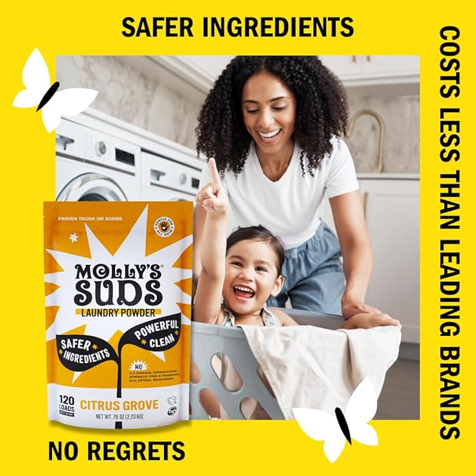 Molly's Suds Original Laundry Detergent Powder | Clean Laundry Detergent Powder for Sensitive Skin | Simple, Effective Ingredients, Stain Fighting | 120 Loads (Citrus Grove)