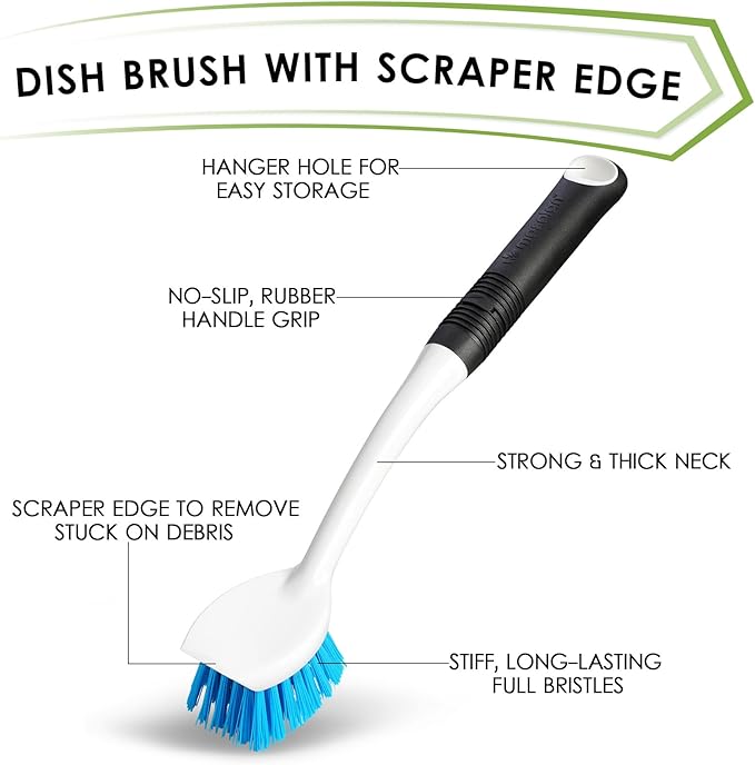 Dish Brush Set of 3 with Water Bottle Brush, Dish Scrub Brush and Scrubber Brush, Long Handle Kitchen Scrub Brushes for Dishes, Bottles, Cups, Pots, Pans and Sinks, Round Head