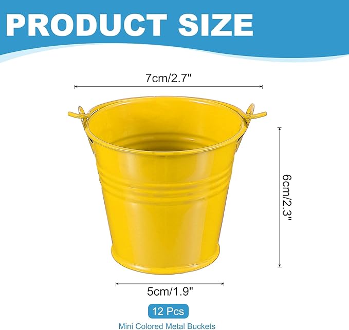 PATIKIL 2.7"x2.3" Small Metal Buckets with Handle, 12 Pcs Mini Galvanized Bucket Colorful Easter Buckets for Crafts Party Favors Decoration, Yellow