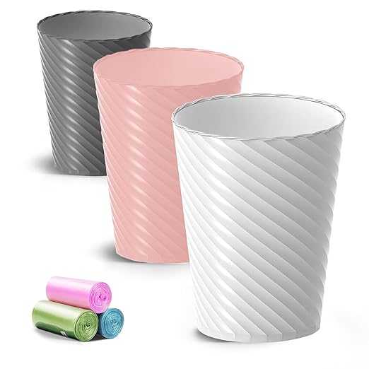 Bathroom Trash Can, 3 Pack 1.8 Gallons Small Trash Can with Trash Bags, Bathroom Garbage Can, Plastic Trash Bin, Round Waste Basket for Bedroom, Office, Room (White Pink Grey)