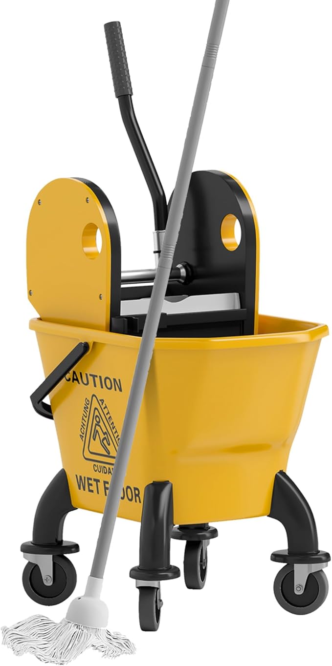 HOMCOM Mop Bucket with Wringer on Wheels for Floor Cleaning, 27.5 Quart Down Press Wringer with Handle and Mop, Yellow