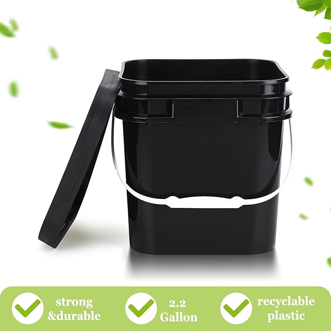 Suzile 10 Pcs 2.2 Gallon Square Bucket with Lid Food Grade Plastic Bucket 10L Utility Industrial Pail with Handle Container for Food Oil Tub Water Fishing Paint House Cleaning Car Washing(Black)