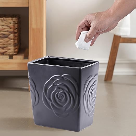 Black Ceramic Rose Small Bathroom Trash Can 2.5 Gal (9 Liter), Heavy Small Kitchen Garbage Bin, Living Room Bedroom Corner Trash Can, Decorative Wastebasket for Outdoor Garden, Home Office,Hotel Motel