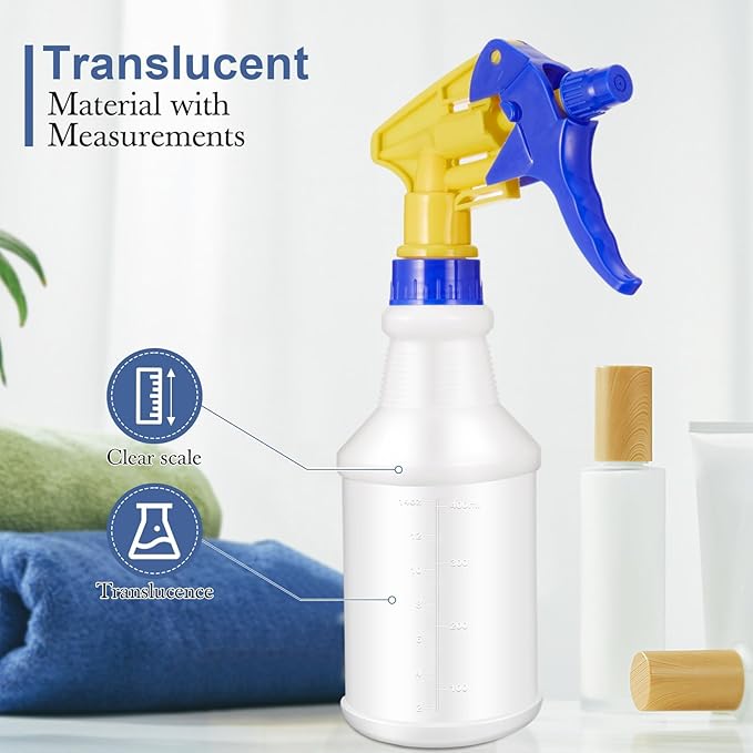 Eccliy 20 Pack 16oz Empty Spray Bottles, Leakproof Cleaning Bottles with Measurement and Adjustable Nozzle for Housekeeping, Commercial Use(Cylinder,Blue Yellow Spray Head)