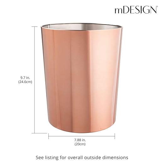 mDesign Round Metal Small 1.7 Gallon Recycle Trash Can Wastebasket, Garbage Container Bin for Bathrooms, Kitchen, Bedroom, Home Office - Durable Stainless Steel - Mirri Collection - Rose Gold