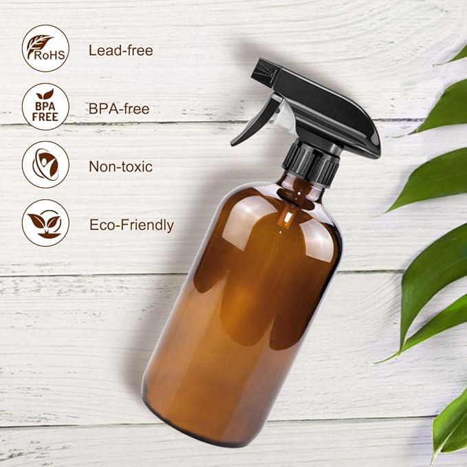 Glass Spray Bottles, 16oz*2+4oz*2+2oz*4 Refillable Containers, Empty Boston Round Bottles with Adjustable Nozzle for Cleaning, Gardening, Aromatherapy, Pets, Plant, Hair -Amber