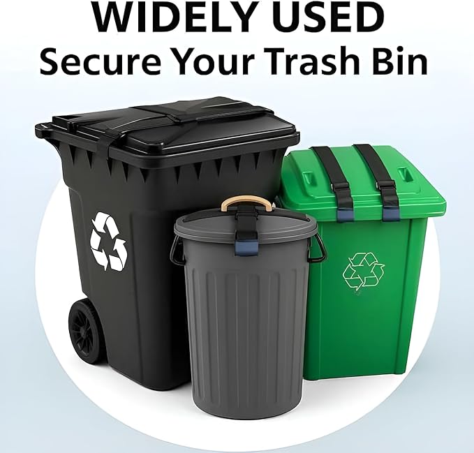 Premium 2 Trash Can Locks for Animals Garbage Straps Lid Wheelie Bin Locks Enclosure Cans Clips Out Raccoon Raccoons Hide Outside Strap Resistant Security Critter Trashcan Deterrent
