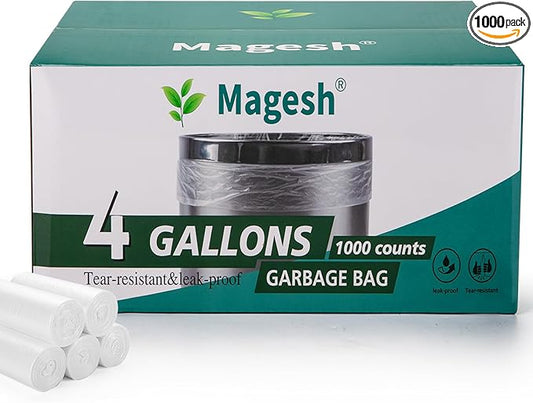 Magesh 4 Gallon Trash Bag Strong, Leakage-Free, Small Garbage Bags Unscented Thick for Bathroom, Office, Kitchen Small Trash Can, 15L, 1000 Bags, Clear