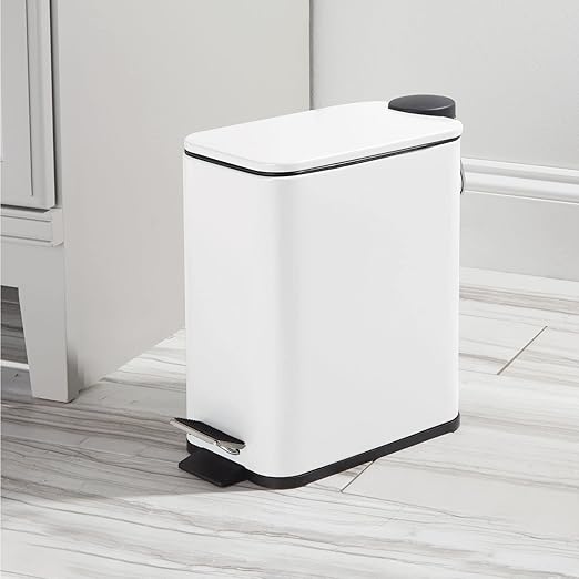 mDesign Slim Metal Rectangle 1.3 Gallon/5 Liter Trash Can with Step Pedal, Easy-Close Lid, Removable Liner - Narrow Wastebasket Garbage Container Bin for Bathroom, Bedroom, Kitchen - Matte White