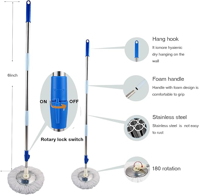 Mop and Bucket Set, 360° Spin Mop and Bucket with Wringer Set and 6 Microfiber Mop Refills, Stainless Steel 61" Extended Handle Spinning Mop Bucket System for Floor Cleaning (2 Sets)