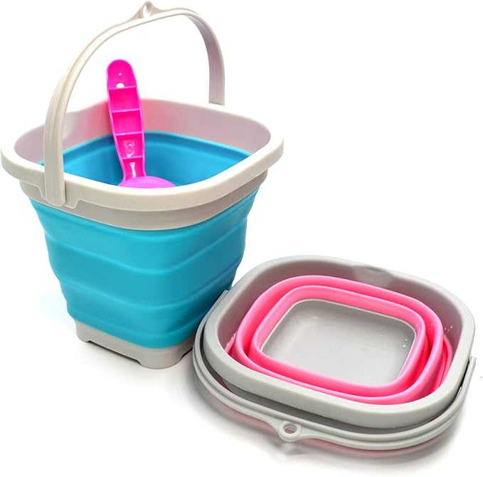 SAMMART Set of 2-2.6L (0.68 Gallon) Super Mini Sqare Collapsible Plastic Bucket - Foldable Square Tub - Portable Fishing Water Pail - Space Saving Outdoor Waterpot (2, Pink + Bright Blue)
