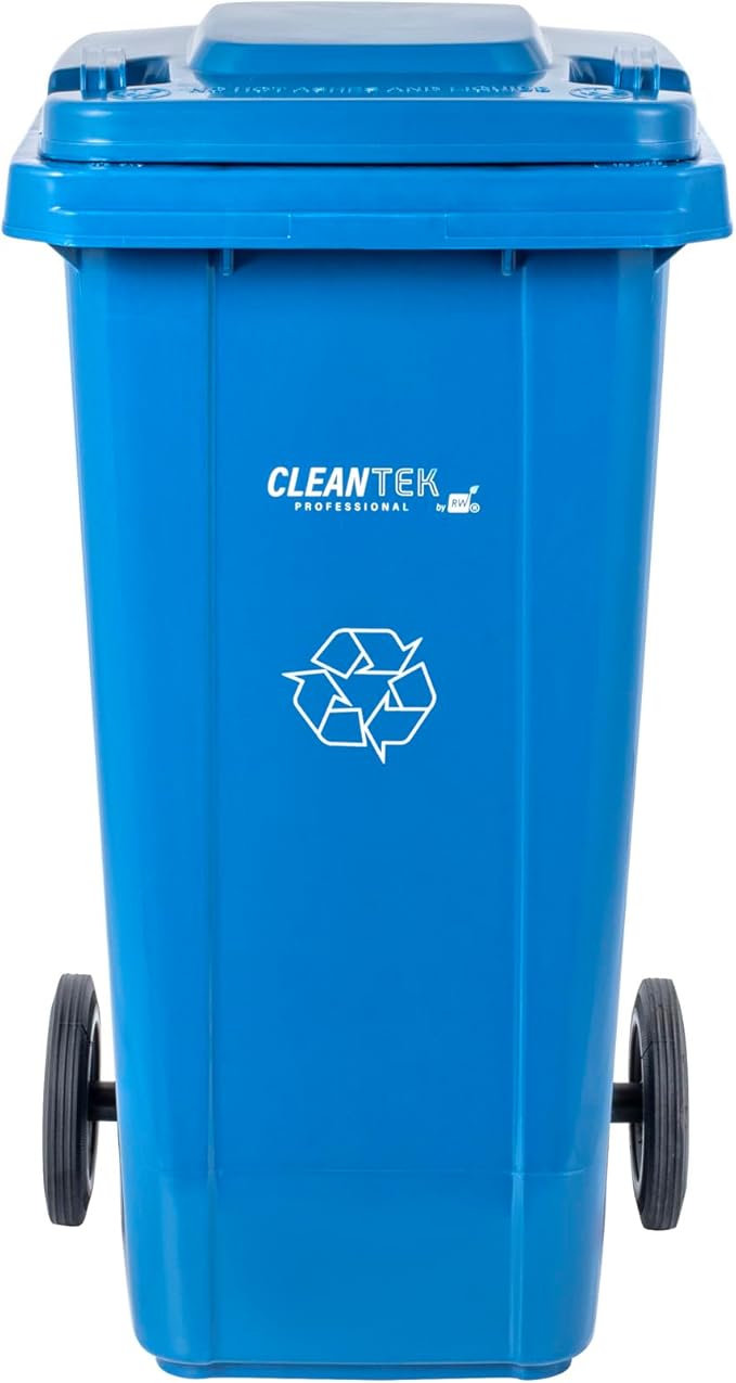 Clean Tek Professional 32 Gallon Trash Can With Wheels, 1 Garbage Can With Lid - Step-On Attachment Sold Separately, Rectangle, Blue Plastic Dustbin, Long-Lasting, For Outdoor - Restaurantware