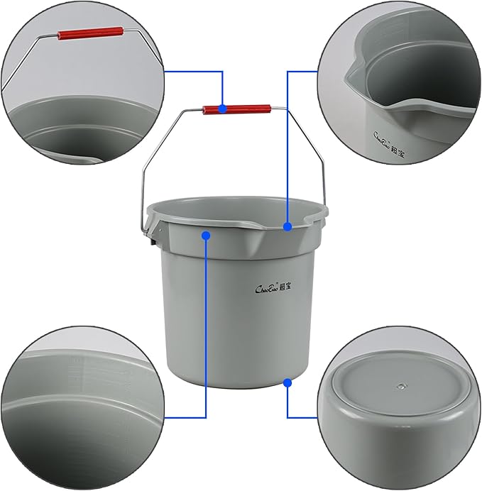 14 Quart Commercial Cleaning Pail with Handle, 4-Pack Plastic Bucket with Pour Spout, Grey
