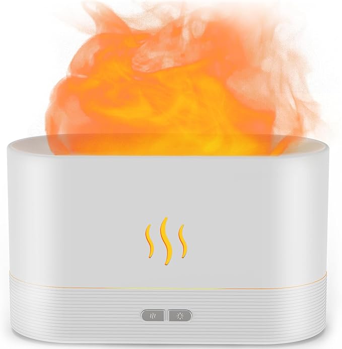 Essential Oil Diffuser, Flame Air Humidifier with Fire Led Light - 2 Rightness, 180mL Capacity (8 Hours), Auto-Off Protection Air Diffuser for Home Bedroom Office Gifts(White)