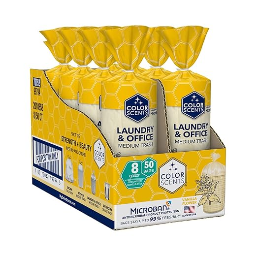 Color Scents Medium Trash Bags - 8 Gallon, 400 Total Bags (8 Packs of 50 Count), Twist Tie - Ivory Bag in Vanilla Flower Scent with Microban