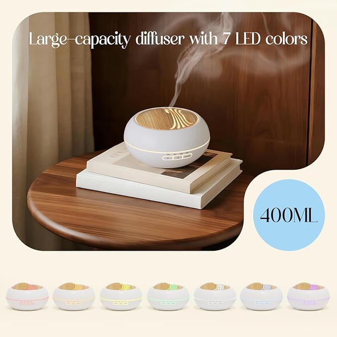 SALKING Essential Oil Diffuser 400ml, Diffusers for Essential Oils with 2 Mist Mode, Aromatherapy Diffuser Cool Mist Humidifier with 7 LED Night Light, Timer & Auto-Off, Large Room Diffuser (White)
