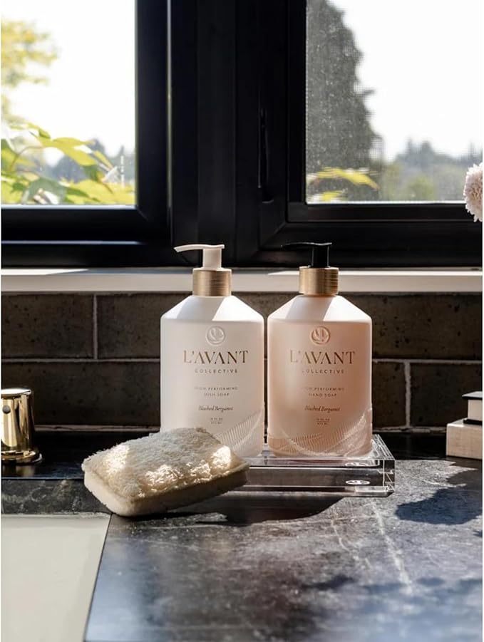 L'AVANT Collective Luxury Home Essentials Bundle High Performing Dish Soap, Hand Soap, Multipurpose Cleaner Spray, Scrub Brush, Lucite Tray Luxurious Ingredients Reusable Bottles (Blushed Bergamot)
