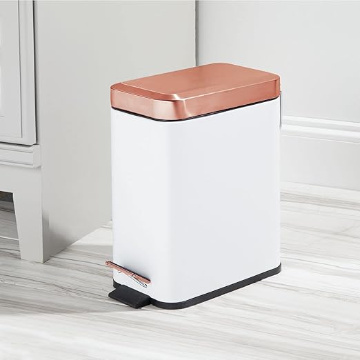 mDesign Small Modern 1.3 Gallon Rectangle Metal Lidded Step Trash Can, Compact Garbage Bin with Removable Liner Bucket and Handle for Bathroom, Kitchen, Craft Room, Office, Garage - White/Rose Gold