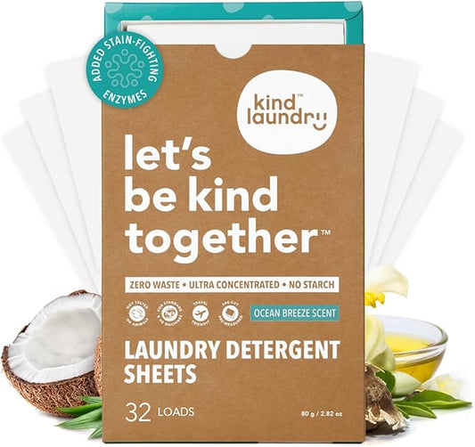 Kind Laundry Detergent Sheets with Stain-Fighting Enzymes - Plant Powered Eco-Friendly Laundry Soap Sheets - Home or Travel Laundry Detergent - Ocean Breeze, 32 Loads (Mom's Choice Award Winner)