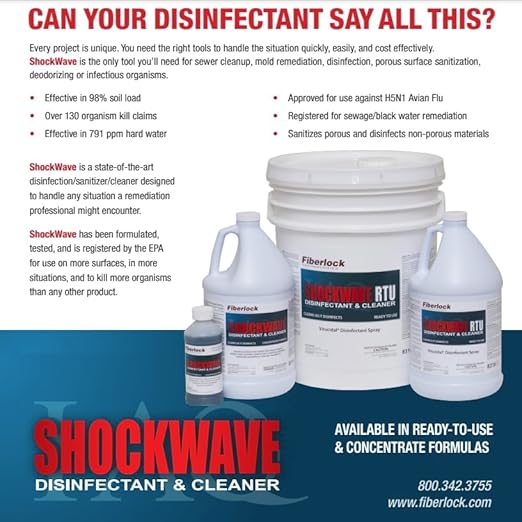 Fiberlock Shockwave Disinfectant Cleaner Concentrate, 1 Gallon, Ideal for Water Restoration & Flood Mitigation, Hospital-Grade Disinfectant, High-Yield Formula