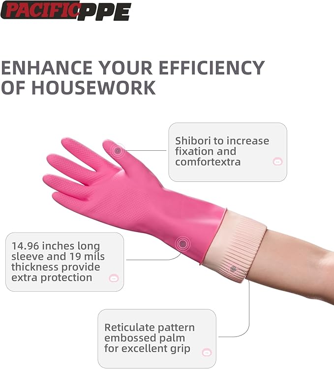 PACIFIC 2 Pairs Reusable Rubber Gloves for Washing Dishes and Cleaning Tasks, Water Resistant Household Gloves for Kitchen Bathroom, Grippy Latex Dish Washing, Pink, Meidum