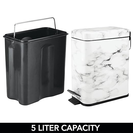 mDesign Small Modern 1.3 Gallon Rectangle Metal Lidded Step Trash Can, Compact Garbage Bin with Removable Liner Bucket and Handle for Bathroom, Kitchen, Craft Room, Office, Garage - White Marble