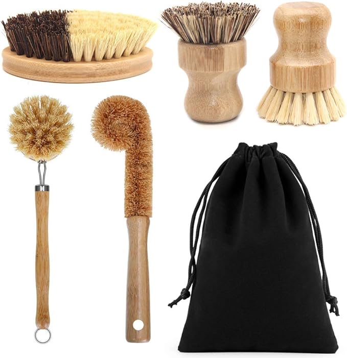 5 Pack Natural Bamboo Cleaning Brush Set, Pot Dish Scrub Brush with Handle and Flannel Bag Kitchen Brushes for Cast Iron Pots, Pans, Vegetable and Kitchen Cleaning