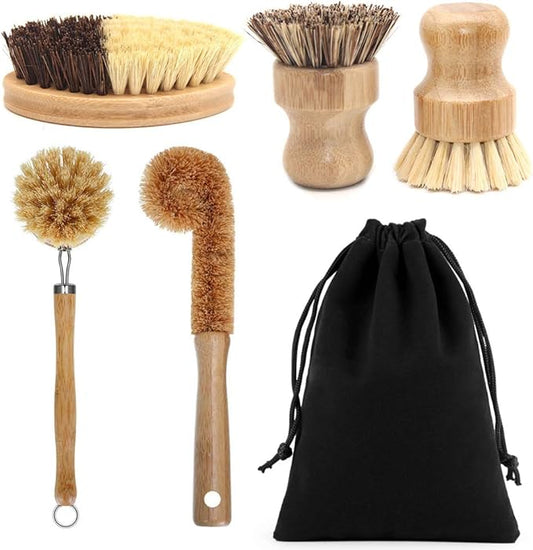 5 Pack Natural Bamboo Cleaning Brush Set, Pot Dish Scrub Brush with Handle and Flannel Bag Kitchen Brushes for Cast Iron Pots, Pans, Vegetable and Kitchen Cleaning