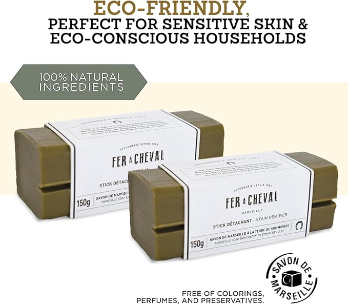 Fer à Cheval Marseille Soap Stain Remover Stick 2 Pack - Natural, Hypoallergenic, Travel-Sized Laundry Solution, 150g/5.29oz (Stick with Sommières Clay)