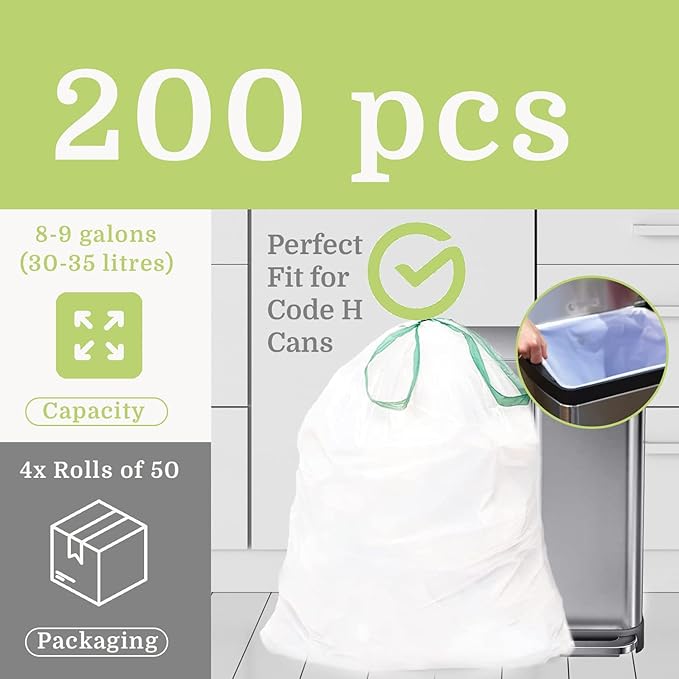 Compatible with Simplehuman Code H 200 Count, Eco-Friendly, White Drawstring Trash Bags Made in the USA with 70% CERTIFIED Post Consumer Material (Code H)