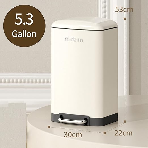 MRBIN Bathroom Trash Can with Lid, Metal Step Kitchen Waste Basket Touchless Soft Close, 20L / 5.2gal Rectangle Garbage Bucket with Stainless Steel Pedal for Office, Bedroom Accessories, White