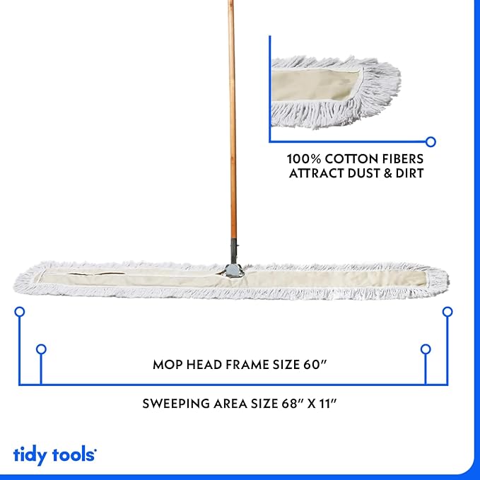 Commercial Dust Mop & Floor Sweeper, 60 in. Dust Mop for Hardwood Floors, Cotton Reusable Dust Mop Head, Wooden Handle, Industrial Dry Mop for Floor Cleaning & Janitorial Supplies