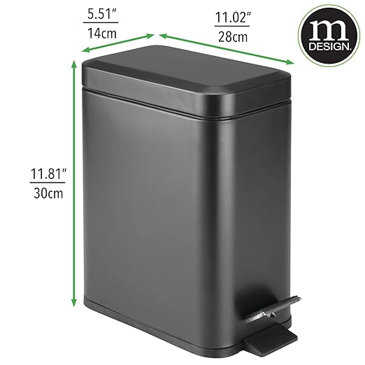 mDesign Small Modern 1.3 Gallon Rectangle Metal Lidded Step Trash Can, Compact Garbage Bin with Removable Liner Bucket and Handle for Bathroom, Kitchen, Craft Room, Office, Garage - Black