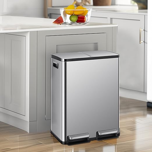 Elevon Kitchen Trash Can with Lid, 2 x 8 Gallon Garbage Can, with Soft-Close Foot Pedal and Removable Inner Bucket, 60 Liter Large Stainless Waste Bin for Bathroom Bedroom Home Office