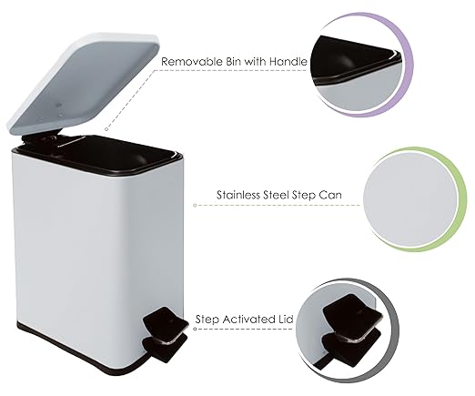 Stainless Steel Small Trash Can with Lid & Step Pedal - 6 Liters/1.6 Gallon Soft Close Garbage Can with Removeable Inner Bucket - Trash Cans for Bathroom, Bedroom, Kitchen & Office (White)