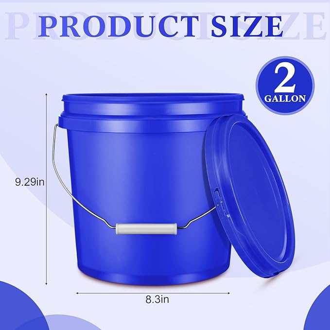 6 Pack 2 Gallon Plastic Bucket with Lid Heavy Duty Pail with Metal Handle Reusable Small Multipurpose Paint Buckets Container for Food Storage(Dark Blue)