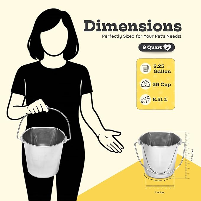 9 Quart Stainless Steel Flat Side Bucket | Durable Heavy Duty Food & Water Feeding Pails for Dog Goat Sheep horse | Fits kennels Cage Critter Crates Hanging Pet Pail | Multipurpose Bucket
