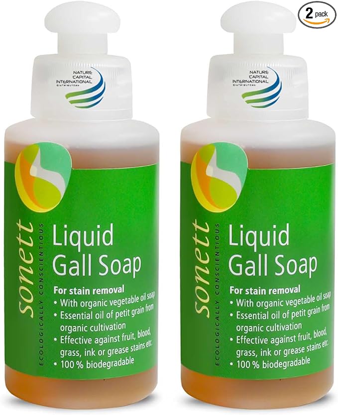 Sonett Organic Liquid Stain Remover For Clothes- Concentrated Laundry Stain Remover Detergent Gall Soap For Deep Cleaning- Highly Effective Against Ink, Blood, Grease, Fruit Stains- 4oz, Pack of 2