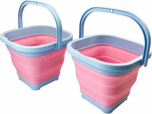 SAMMART Collapsible Rectangular Cleaning Bucket 5L (1.3 Gallon)- Foldable Camping Beach Sand Water Pot Pail- Portable Space Saving Tub for Household, Outdoor Washing (Cool Blue/Maglia Rosa (Set of 2))