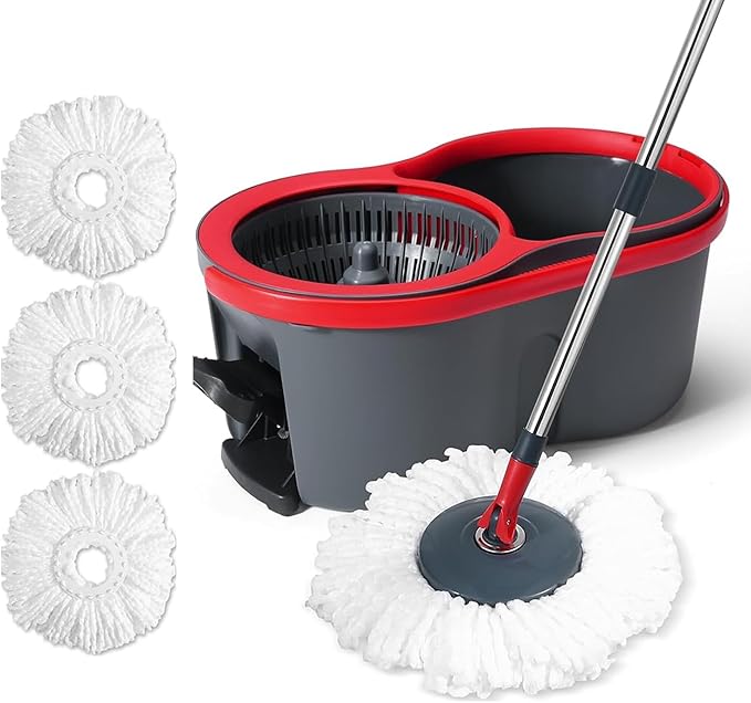 360° Spin Mop and Bucket Set Quick-Dry Technology,Mop and Bucket with Wringer Set for Home & Kitchen,Wet/Dry Floor Cleaning Kit with 4 Microfiber Mop Heads & Adjustable Handle