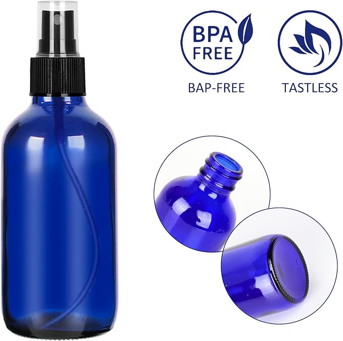 CycleMore 25 Pack 4oz Blue Glass Spray Bottles with Fine Mist Sprayers, Glass Travel Bottles for Cosmetic Essential Oils Cleaning Solutions Perfumes & More Liquids (1 Brush, 2 Funnels and 36 Labels)