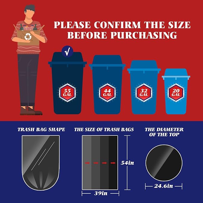 Teivio Large Black Trash Bags 55-60 Gallon 22 Counts Fit 50,55,60,Gal All Purpose Garbage Bags, Extra Large Lawn and Leaf Bags Outdoor Trash Can Liner, Drum Liners, Workshops, Backyard