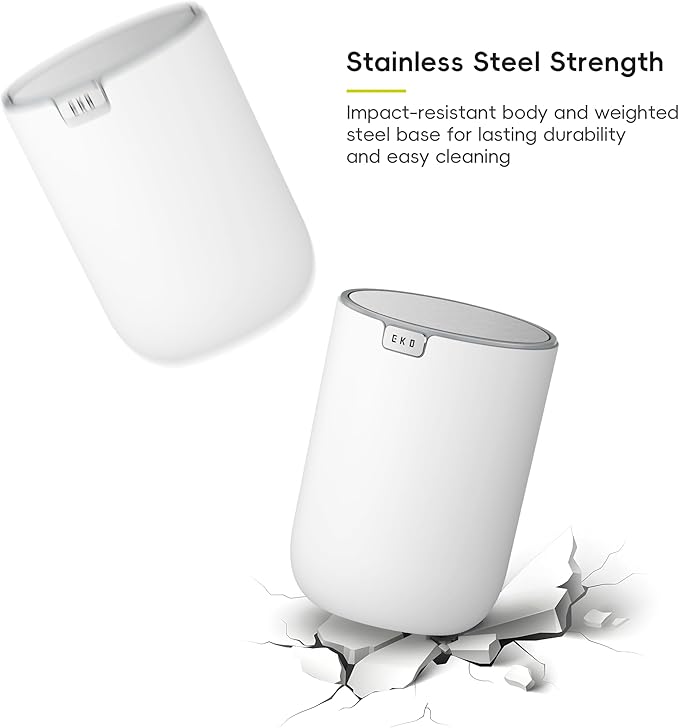 EKO Fandy 0.58 Gal/2.2L Mini Trash Can with Lid, Swing-Top Desktop Trash Can for Bathroom, Countertop, Vanity, Desk or Office, Small Garbage Bin (White)