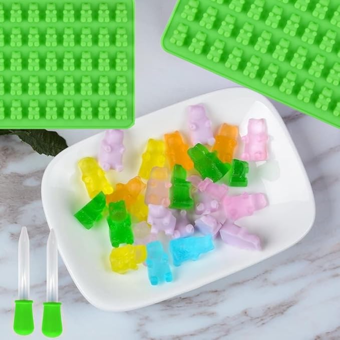 2 Piece Gummy Bear Silicone Molds, Non-Stick Chocolate Candy Mold with 2 Droppers Food Grade (Green)