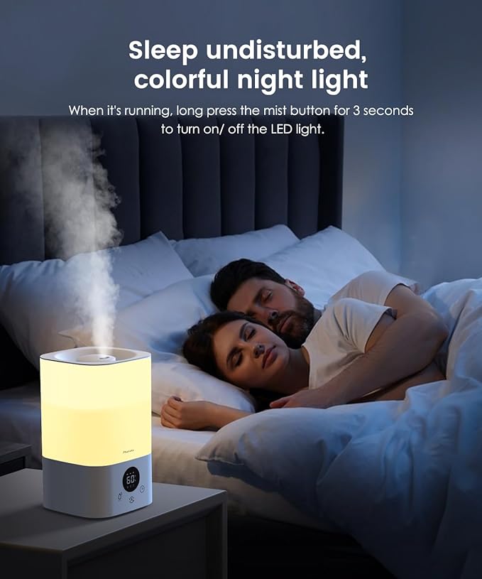 Smart Humidifiers for Bedroom Large Room, 3.5L Top Fill Cool Mist Air Humidifiers for Home Baby Plants Nursery, Humidity Control & Night Light, White